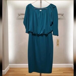 Vintage Style Teal Blouson Dress 3/4 Sleeve Bateau Neck Mid Length 10 Blue Green